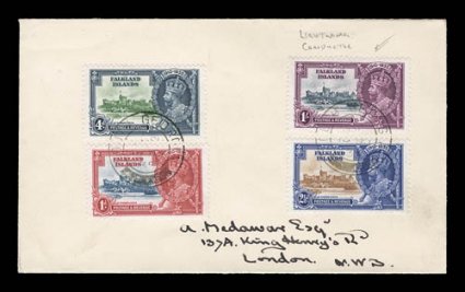 S.G. 142c, 1935 1- Silver Jubilee, lightening conductor variety, a lovely well centered example of this rare and popular variety tied to a neat cover, along with the
additional three values from the series, by two light strikes of South Georgi