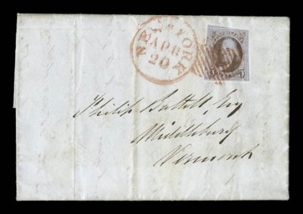 1, 5c Red brown, single, featuring four large margins to just in at top right and showing a portion of the adjoining stamp at top, tied by red grid to 1851 folded letter to
Vermont, matching New York Apr. 20 c.d.s., stamp with small tear at b