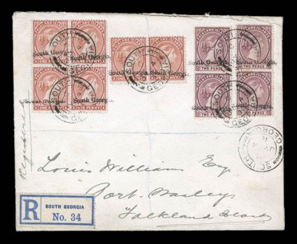 Small South Georgia imprint, type SG.IMP.2b, a total of ten different imprints on a pair and block of four of the 1891 1p Pale red (11B) and two vertical pairs of the 1896 2p
Magenta (13), all neatly tying stamps to attractive registered cove