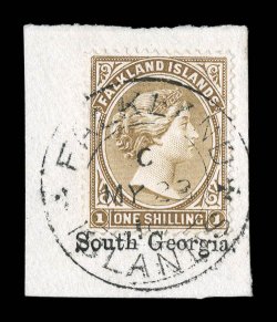 Small South Georgia imprint, type SG.IMP.2a, at bottom of small piece and also just ties an 1896 1- Bister brown Victoria (18a), which is also tied by a clear and almost
complete Falkland IslandscMy 2310 c.d.s. with large crosses, a rare