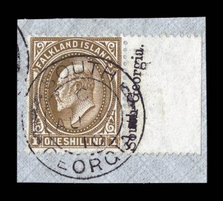 Small South Georgia imprint, type SG.IMP.2b, three different 1904-07 King Edward VII singles, a 1p, 2 12p and 1- (23, 25, 27) each with complete imprint on the stamp and all
three with South Georgia c.d.s. , the 1- value being a marginal ex