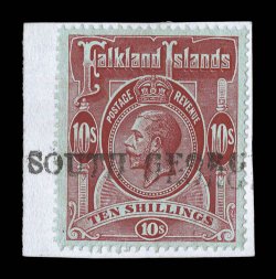 Large SOUTH GEORGIA imprint, type SG.IMP.2c, tying 1912 10- Red on green King George V (39) to small piece, without any datestamp as is appropriate for this value,
exceptionally well centered, very fine and quite scarce not recorded on cover