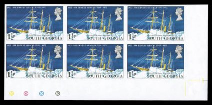 31 var., 1972 1 12p Sir Ernest Shackleton, imperforate, an impressive bottom right corner sheet-margin block of six (3x2) of this important imperforate error, of which only
one sheet was discovered, showing printers registration circles in