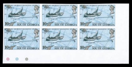 33 var., 1972 10p Sir Ernest Shackleton, imperforate, an impressive bottom right corner sheet-margin block of six (3x2) of this important imperforate error, of which only one
sheet was discovered, showing printers registration circles in bo