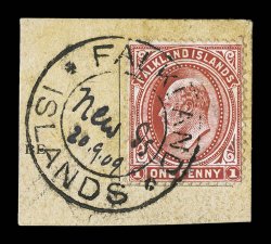 23, 1907 1p Red, tied to small piece of post card by superb complete strike of the rare Falkland Islands double ring type N.1 cancellation, with New Is20.9.09 inserted in
manuscript in the center, seldom encountered as a complete strike and