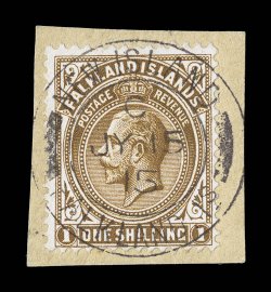 35, 1912 1- Bister brown, fresh single tied to small piece by virtually complete and clear strike of New IslandJy 15 15 type N.2 c.d.s., very fine and scarce 1992 RPS
certificate (S.G. 65).