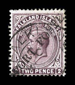 PORT FOSTER straight line imprint type PF.1, nearly complete imprint positioned diagonally on 1912 2p Brown violet (32), light neat strike of partial Falkland IslandsMr 1913
type F.4 c.d.s., couple of insignificant perf. tip thins, very fin