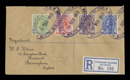 30-35, 1912 12p to 1- King George V cplt., all tied to two matching W.T. Wilson registered covers to England by multiple perfect strikes of bold Deception Island16 Dec
1915South Shetland violet oval type SS.1 postmarks, with (Port) Stanley