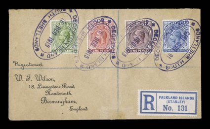 30-33, 1912 12p-2 12p King George V, tied to W.T. Wilson registered cover to England by multiple perfect strikes of bold Deception Island16 Dec 1915South Shetland violet oval
type SS.1 postmarks, with (Port) Stanley registration labels, Lo