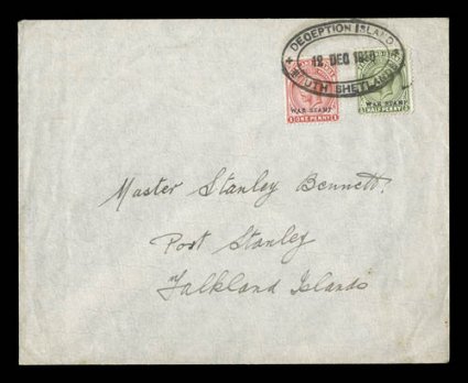 MR1-2, 1918 12p and 1p War Tax overprints, both tied to cover addressed to Port Stanley by bold complete strike of Deception Island12 Dec 1918South Shetlands double oval type
SS.1 postmark in black, Port Stanley arrival c.d.s. on reverse,
