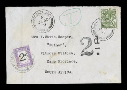 South Shetlands postal history group of nine scarce covers, 1921-31, includes two covers with particularly elusive double oval Deception IslandsSouth Shetlands type SS.1
postmarks, the other seven all with circular South Shetlands type SS. 2 t