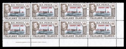 2L1-5L8, 1944 12p to 1- King George VI Island Dependencies cplt. for all four islands in bottom margin blocks of eight, o.g., n.h., one South Shetlands 6p stamp with trivial
toned spot mentioned only for accuracy, very fine (S.G. A1-D8 £704+