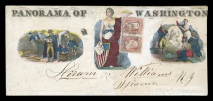 Panorama of Washington Magnus design with multicolored three-panel legal-size Panorama of Washington, horizontal pair of 3c Rose (65), tied by Washington D.C. Nov. 26 circular
datestamp, sent to New Jersey, with original enclosure of 33 diff