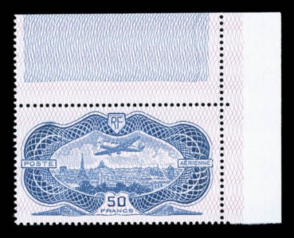 C15, 1936 50Fr Banknote air post, striking top right corner margin single, beautifully centered and exceedingly fresh, o.g., n.h. (hinged in the selvage only), extremely fine
(Yvert A15 Ç1,500).