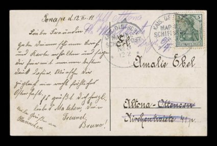 1911 (12 Feb.) picture postcard from Ponape to Altona, bearing 5pf Germania cancelled by clear Kais. DeutscheMarine SchiffspostNo. 5 c.d.s. (and an additional strike to left)
of the light cruiser Nurnberg, which was one of four naval ship