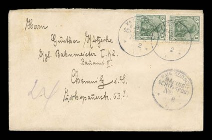 1911 (13 Feb.) cover from Ponape to Chemitz, bearing vertical pair of 5pf Germania and cancelled by two strikes of Kais. DeutscheMarine SchiffspostNo. (2)8 c.d.s. of the light
cruiser Emden, which was another of the naval ships sent to qu
