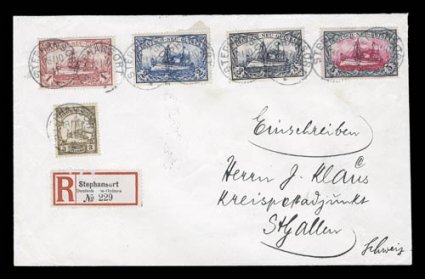 7-19, 1900 3pf-5M Kaiser Yachts cplt., tied to two registered covers to St. Gallen, Switzerland, one cover has the 3pf-80pf values, while the other has the 1M-5M values as
well as an additional 3pf, all tied by Stephansort18 1011 c.d.s. post