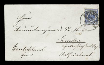 Michel VO48, Germany 20pf Blue with Otyimbingue pmk., single stamp tied by May 20, 1891 c.d.s. on fresh cover to Emden, Germany, Capetown and London transits, Emden receiver
(June 30), cover opened at right, very fine and scarce.