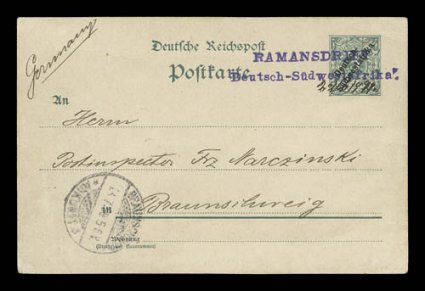 RAMANSDRIFTDeutsch-Sudwestafrika. violet handstamp tying 5pf Green postal card to Germany, with manuscript date 226 1899, Capetown transit backstamp, very fine a rare postal
marking 1995 Czimmek certificate.