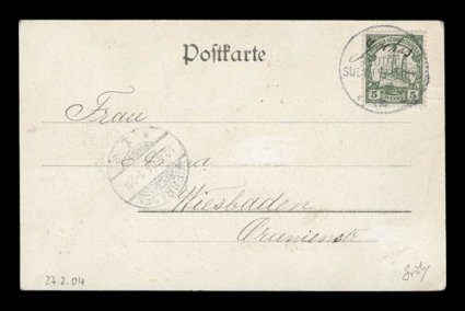 14, 1900 5pf Green, tied by a rare Gochas manuscript on generic South West Africa 27 Feb 1904 cancel on picture postcard to Wiesbaden (receiver on address side), card with a
light crease and a few minor abrasions not affecting stamp or the r