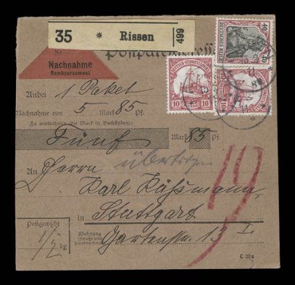 28, 1906 10pf Light rose, two singles along with Germany 40pf Germania tied by Rissen 15 211 c.d.s. postmarks on reimbursement card to Stuttgart (backstamped), fine and a rare
usage 1994 Steuer certificate (Michel 26a).