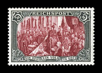 65, 1900 5M Slate and carmine, without the retouch, beautifully centered, deep intense colors and impressions, full o.g., lightly hinged, extremely fine a highly select
example of this scarce stamp signed Brettl and accompanied by a 1983 Hochs