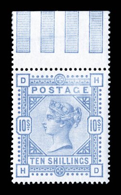 109, 1884 10- Ultramarine, a most impressive top sheet-margin single, with a marvelous overall freshness, bright color on pristine white paper, excellent centering as well,
fresh clean o.g., never hinged, extremely fine a rare stamp in thi