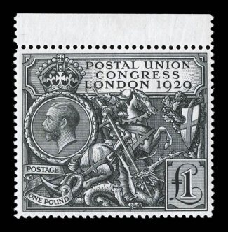 209, 1929 £1 P.U.C., a highly select top sheet-margin single, wonderfully well centered, strong color and impression, fresh clean o.g., never hinged, extremely fine gem (S.G.
438 for hinged £750).