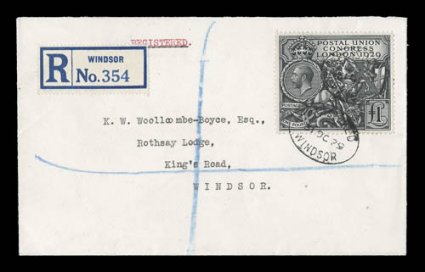 209, 1929 £1 P.U.C., tied to an especially clean local registered cover by Windsor 31 Dec. 1929 registered oval pmk., stamp is well centered and fresh, receiving backstamp,
very fine and handsome.