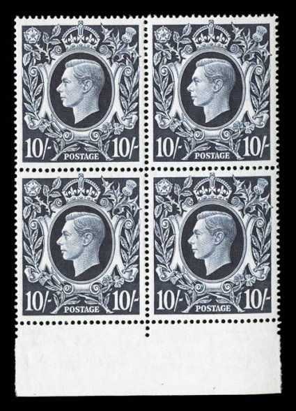 251, 1939 10- Indigo, pristine mint bottom sheet-margin block of four, deep luxuriant color and impression, beautifully centered, o.g., n.h., extremely fine (S.G. 478
£1,000+).