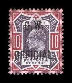 O53, 1903 10p Dull purple and carmine, O.W.Official, incredibly well centered within large margins, deep rich colors, o.g., lightly hinged, extremely fine a gem example of
this this extraordinarily rare stamp, easily being one of the fines