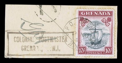 S.G. 163, 1938 10- Steel blue and carmine, perf. 12x13, Madame Joseph forged cancels, group of eight (including one tied to piece), all with St. George or Grenada G.P.O.
forged postmarks of Madame Joseph, fine-very fine interestingly, they u