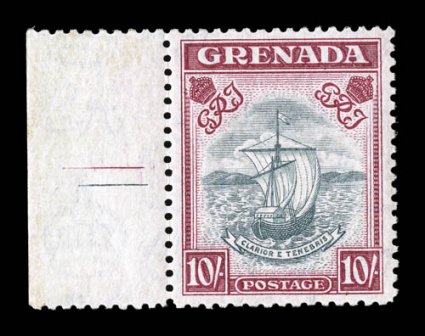 S.G. 163c, 1943 10- Slate blue and bright carmine, perforated 12, left sheet-margin single, exceedingly well centered, strong colors, o.g., n.h., extremely fine (Scott 142a
for hinged $300.00).