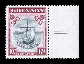 S.G. 163c, 1943 10- Slate blue and bright carmine, perforated 12, right sheet-margin single, perfectly centered, rich vibrant colors on fresh white paper, o.g., light hinge
mark in the selvage may just barely impinge on the stamp, extremely fin