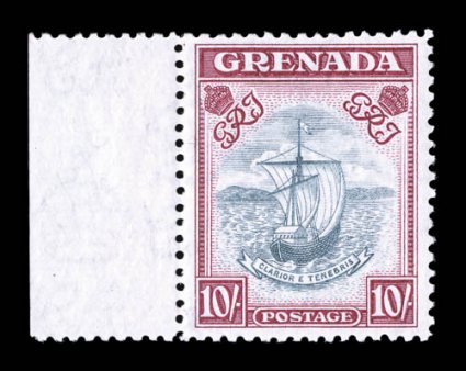 S.G. 163c, 1943 10- Slate blue and bright carmine, perforated 12, pristine left sheet-margin single, wonderfully bright colors, well centered, fresh clean o.g., n.h., very
fine (Scott 142a for hinged $300.00).
