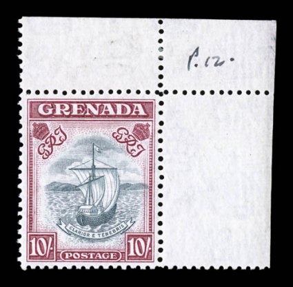 S.G. 163c, 1943 10- Slate blue and bright carmine, perforated 12, top right corner sheet-margin single, well centered, strong rich colors, o.g., stamp never hinged (lightly
hinged in the selvage only), minute gum bend, very fine (Scott 142a f
