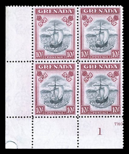 S.G. 163c, 1943 10- Slate blue and bright carmine, perforated 12, another rare block of four, this being a bottom left corner margin plate no. 1 block, beautifully centered,
strong rich colors, o.g., top stamps lightly hinged, bottom stamps nev