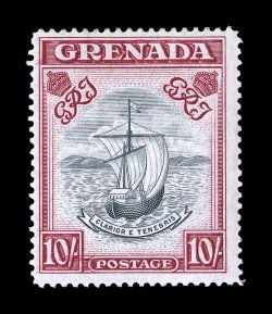 S.G. 163ea, 1943 10- Blue black and carmine, perf. 14, frame printed double, one albino, with a clear albino impression printed about 2mm to the left and bottom of the
original frame, centered similar to the other known example, bright colors,