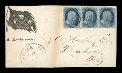 A.L.-his marks! with Skull and Crossbones black design (Walcott 1003), strip of three of 1c Blue Ty. V (24) cancelled by grids on rebacked front only, Watertown, Wis. c.d.s. at
bottom, sent to Madison, small central vertical toned band not af