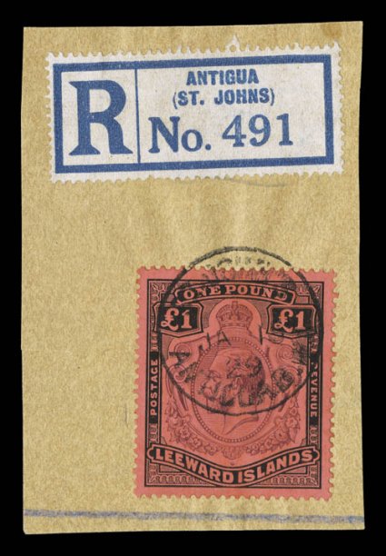 83, 1928 £1 Black and violet on red, well centered example of this high value, tied to piece of registered cover with registry label by St. JohnsAntiguaJA 15 29 c.d.s., bright
attractive colors, choice very fine (S.G. 80 £275).