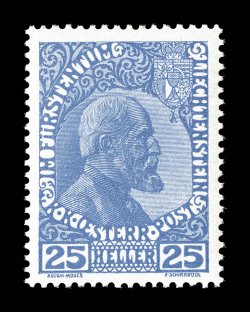 1a-3a, 3b, 1915 5h-25h Prince Johann, on thin unsurfaced paper cplt., the three values, plus the additional scarce Scott listed 25h in the Ultramarine shade, rich colors,
o.g., minor h.r., very fine (Michel 1y-3ya, 3yb Ç850).