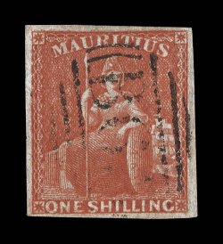 19, 1859 1- Vermilion, used, with central identifiable strike of B65 barred numeral cancel of Rodrigues Island, ample to mostly large margins, deep luxuriant color, very fine
an extremely rare stamp used from Rodrigues as very few are known