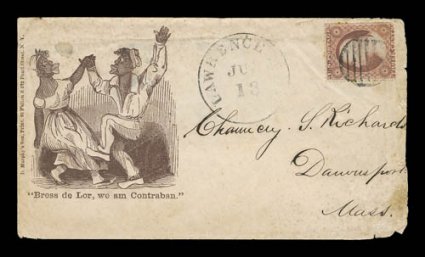Bress de Lor, we am Contraban caricature design in brown, 3c Dull red (26) tied by grid pmk., with matching Lawrence, Mass. c.d.s on cover to Daversport, opened a little
roughtly at right and some mild reinforcing, fine a scarce design that i