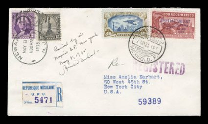 C74, 1935 20c Amelia Earhart, tied along with 40c Air post official (CO14) by May 2, 1935 c.d.s. on flown registered cover to New York, U.S. 3c and 15c regular issues tied by
Newark May 8, 1935 pmk., signed by Amelia Earhart with endorsemen