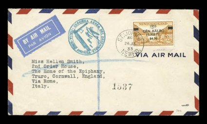 C18, 1933 $4.50 on 75c Balbo flight surcharge, tied to flown cover to Rome, Italy by St. Johns Newfd.26 Jul 33 c.d.s., which is the official first day, proper cachet and
backstamps, stamp is well centered and fresh, cover with minor crease a