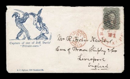 Capture of one of Jeff. Davis Private-ears design and imprint (Walcott 1044), well centered 24c Gray (37) tied by black grid and red June 21, 1861 Philadelphia c.d.s. on cover
to England, red London Paid and Liverpool backstamp, cover wi