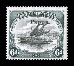 24a, 1907 6p Dark green and black with small Papua overprint, variety double overprint, deeply rich color, quite fresh, centered just to the bottom left as are all known
examples of this rare error, o.g., mild gum bends, very fine 2001 RPS of