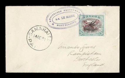 Air post covers, lot of four better items, includes C2 on airmail cover to England tied by violet oval packet boat handstamp of S.S. Le Maire, a March 5, 1935 first flight
Port Moresby-Abau, Oct. 31, 1937 return flight Lake Kutubu-Port Moresby