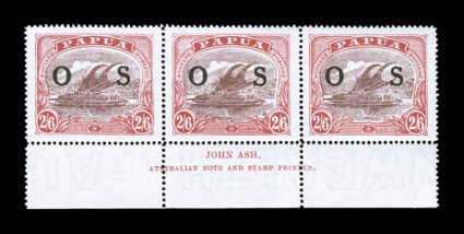 O1-12, 1931-32 12p to 26 Officials cplt. in bottom margin Ash imprint strips of three, plus an addition 26 Harrison imprint block of six, the 1p and 6p values are in blocks of
six and nine respectively, the 6p having the POSTACE variety on