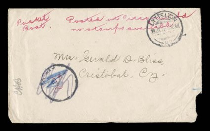 Posted at Pitcairn Idno stamps available red manuscript endorsement, along with Packet Boat also in red manuscript on attractive cover sent via New Zealand with
Lyttelton29.Ja.23 transit c.d.s. (just over part of endorsement), crossed out